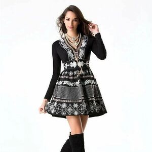 New bebe black fit flare embroidered taffeta long sleeve top dress